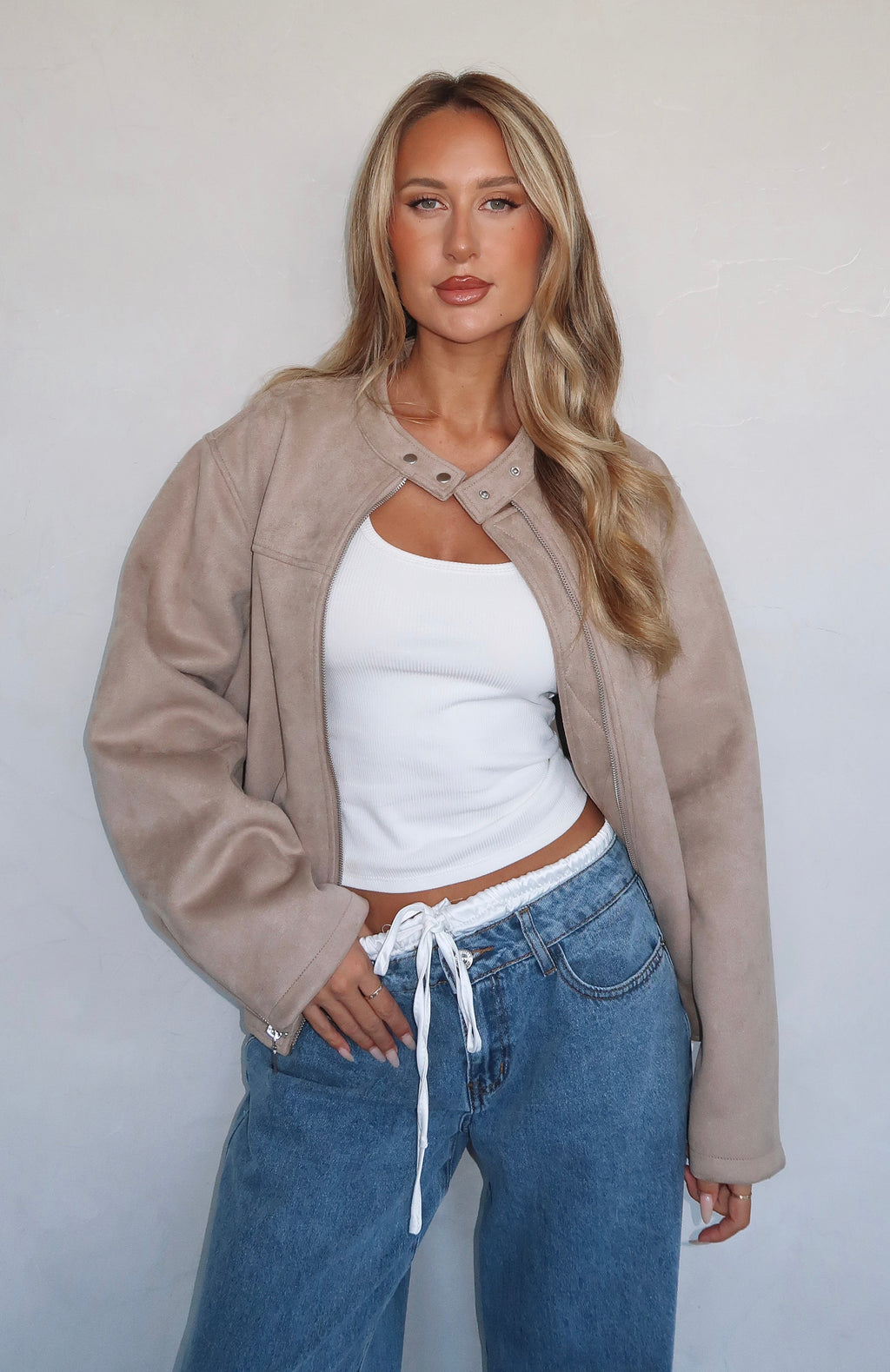Watchin' Out Faux Suede Bomber Jacket Sand