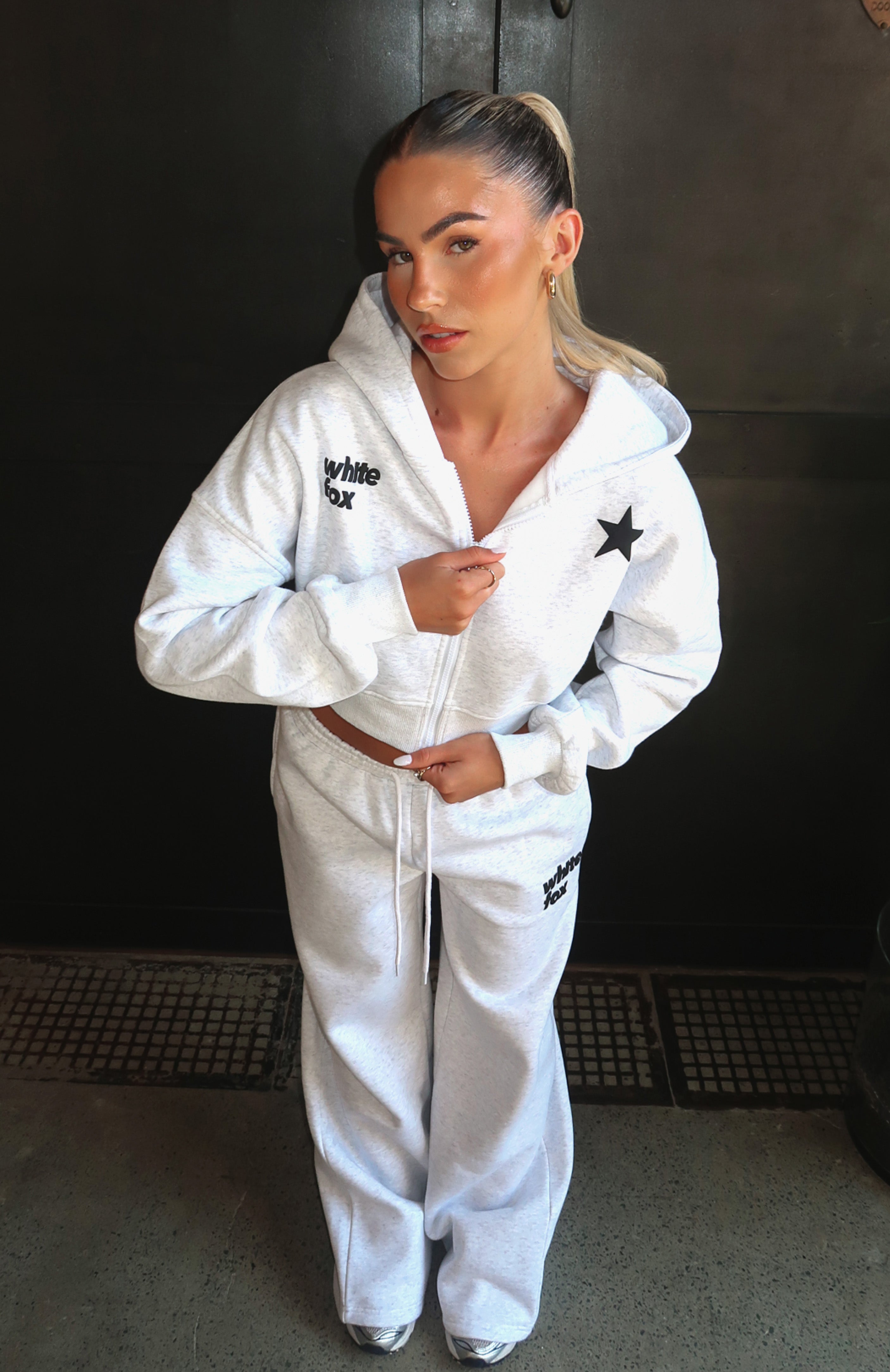 From The Archives Charli Cropped Zip Front Hoodie Grey Marle